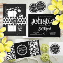 Stylish Black Floral Bat Mitzvah Invitations
