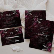 Moody Burgundy Silver Floral Script Wedding Suite