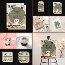 Cute Pink Owl Woodland Forest Baby Shower