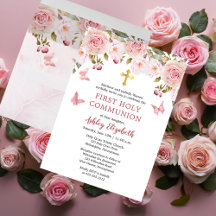 Pink Rose Floral   Butterflies 1st Holy Communion