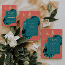 Elegant Vintage Floral Teal Coral Gold Wedding