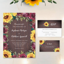 Sunflower Burgundy Rose Border Wood Wedding