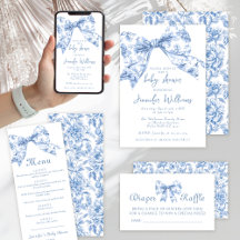 Cute Blue Toile Bow Baby Boy Shower