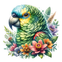 Amazon Parrot and Flowers Watercolor ai Art
