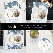 Blue Gold Elegant Floral 90th Birthday Party Theme