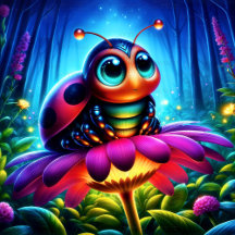 Cute Dreaming Ladybug Sitting on a Luminous Flower