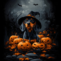 Dachshund And Halloween Pumpkins