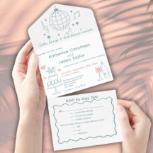 Whimsical, blue, doodle styled wedding stationary 