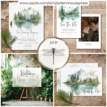 Rustic Mountain Lake Scene Watercolor Wedding
