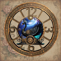 Black steampunk swan with clocks and gears.