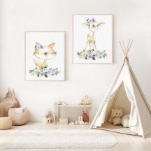 Baby Animals, Boho, Purple Flowers Nursery Prints