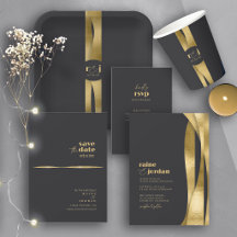 Sculptural Waves Matte Black Gold Wedding