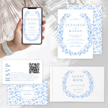 Blue folk floral wreath and pattern wedding