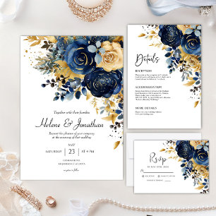 Elegant Blommigt Navy Blue Guld Terracotta Bröllop Runt Klistermärke