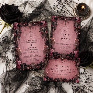 Whimsical Rosa Gothisk Bröllop Tack Kort