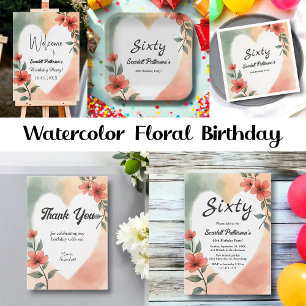 Romantic Watercolor Blommigt Dusty 60 Birthday Tack Kort