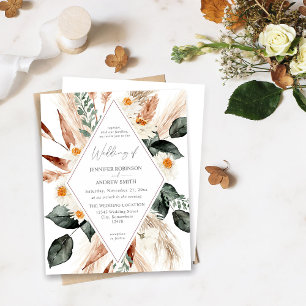 Boho Copper Pampas Grass & Beige Blommigt Bröllop Inbjudningar