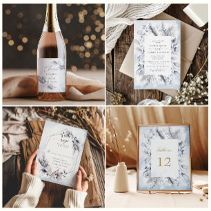 Vinterblått Elegant Vattenfärgsolja Foliage Bröllo Inbjudningar