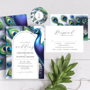Monogrammad Sticker Watercolor Peacock Feathers Runt Klistermärke