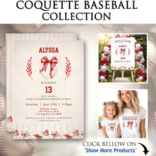 Coquette Baseball Red Bow Blommigt Vintage Birthag Inbjudningar