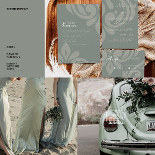 Classic Damask Elegant Earthy Olive Photo Bröllop Tack Kort