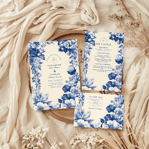 Vintage Fransk Blue Toile Blommigt Bröllop Tack Kort