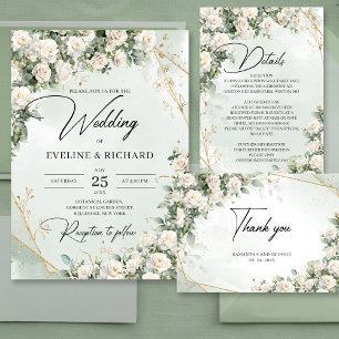 Engelska vit ros eucalyptus greenery och guld inbjudningar