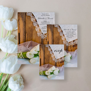 Rustic White Tulips Barn Bröllop OSA Response Kort