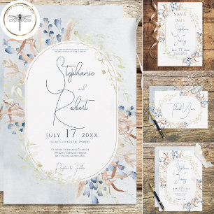 Blå torkade Boho Flowers White Bröllop Tack Kort