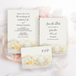 Svarskort Tea Kopp och Vit ros Bröllop OSA Kort
