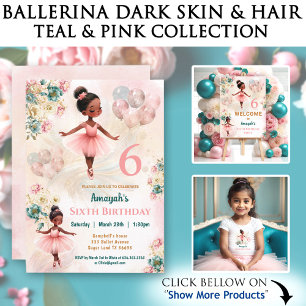 Rosa Teal Blommigt Mörk Skin Ballerina Girl Birthd Inbjudningar