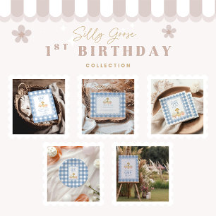 Blå Gingham Dumma Gås 1-årsdag Inbjudningar