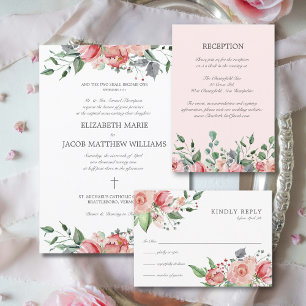 Elizabeth Elegant Rosa Flowers Catholique Bröllop Inbjudningar