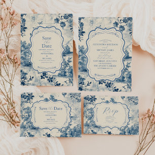 Victorian Dusty Blue Fransk Toile Bröllop OSA Kort