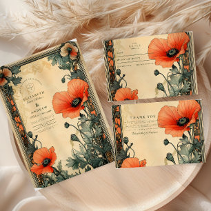 Blommigt Art nouveau Poppy Bröllop Tack Kort