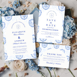 Traditionellt Blått Vitt Delft Bröllop Spara Datumet