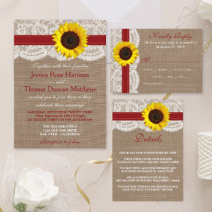 Rustic Solros Bröllop Collection - Red Inbjudningar