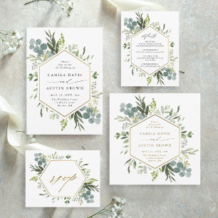 Watercolor Greenery Guld Hexagon Bröllop Square Inbjudningar