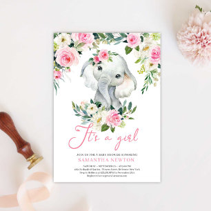 Cute Elephant  Rosa Blommigt Baby Shower Inbjudan