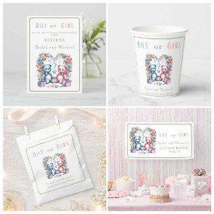 Könsbestämmande baby shower Teddybjörn blå rosa  Inbjudningar