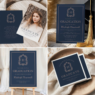Marinblå Ros Monogram Topp Gradueringsfest Inbjudningar