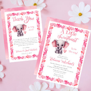 Elephant Rosa Hearts Girl Baby Shower Tack Kort