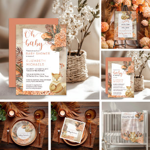 Boho Handflatan Löv Hydrangeas Fox Oh Baby Shower Inbjudningar