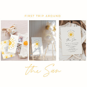 Solsken 1:a födelsedag vattenfärg sol gult modern inbjudningar