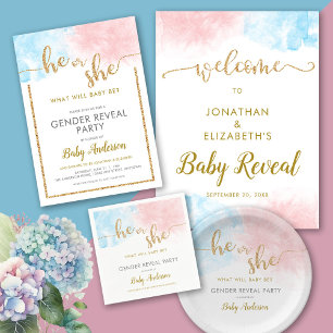 Rosa & Blue Watercolor Guld Glitter Gender Reveal Pappersservett