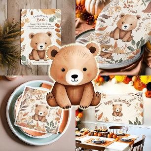 Höst Woodland Baby Bear Watercolor 1:a födelsedage Inbjudningar