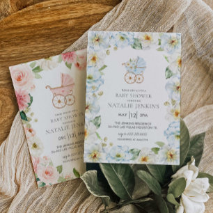 Blåskorgsjuvinbjudan till Blue Blommigt Boy Shower Inbjudningar