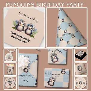 Cute Penguins Namn Bilingual Text Spain-Eng Inbjudningar