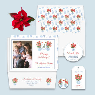 Chic Poinsettia Blue Chinoiserie God jul Presentetikett