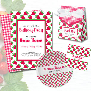 Little Girl Strawberry Mönster Grönt Rosa Birthday Inbjudningar